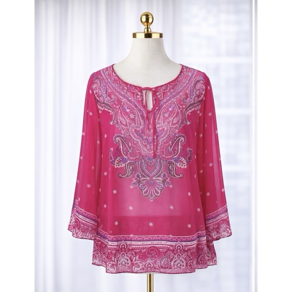 Susan Graver Kimono Top Vibrant Pink Chiffon Semi Sheer Beach Relaxed Size Small